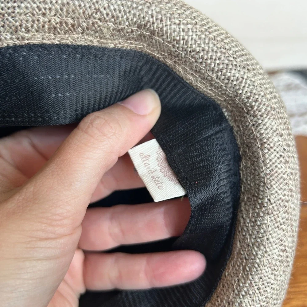 Altard State Tan Burlap Fedora Hat with White Crochet Lace Trim Boho Style‎